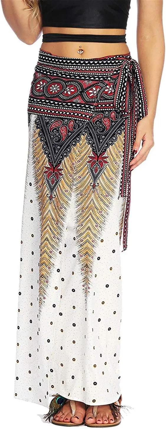 Women's Boho Bohemian Hippie Skirt Long Maxi Print Wrap Skirt Cover up Maxi Asymmetrical Summer Beach Skirt One Size