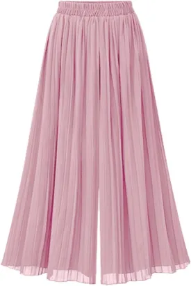 Women's Elastic Waist Pleated Chiffon Culottes Cropped Wide Leg Flowy Pants
