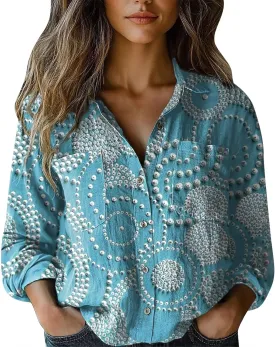Womens Ethnic Shirts Floral Print Long Sleeve V Neck Button Down Shirt Vintage Causal Boho Blouses Gauze Tunic Tops