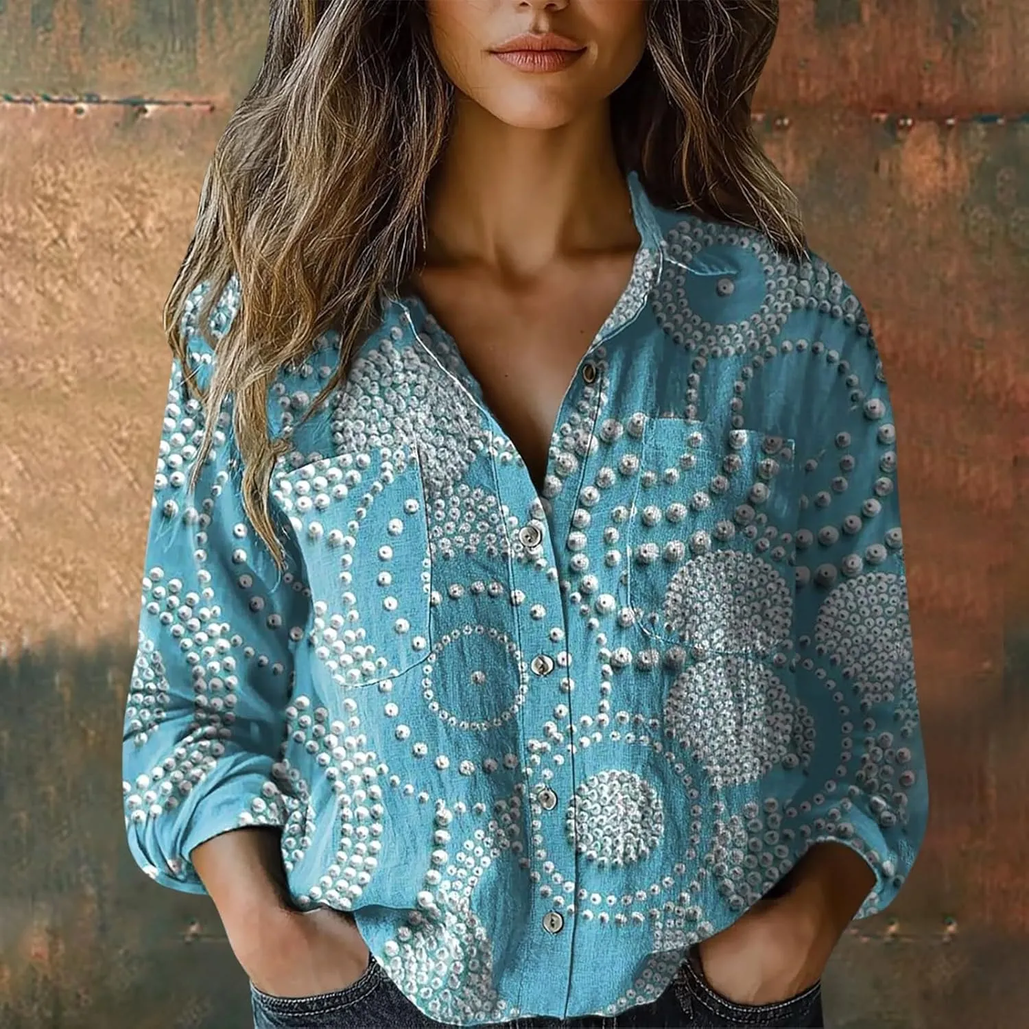 Womens Ethnic Shirts Floral Print Long Sleeve V Neck Button Down Shirt Vintage Causal Boho Blouses Gauze Tunic Tops