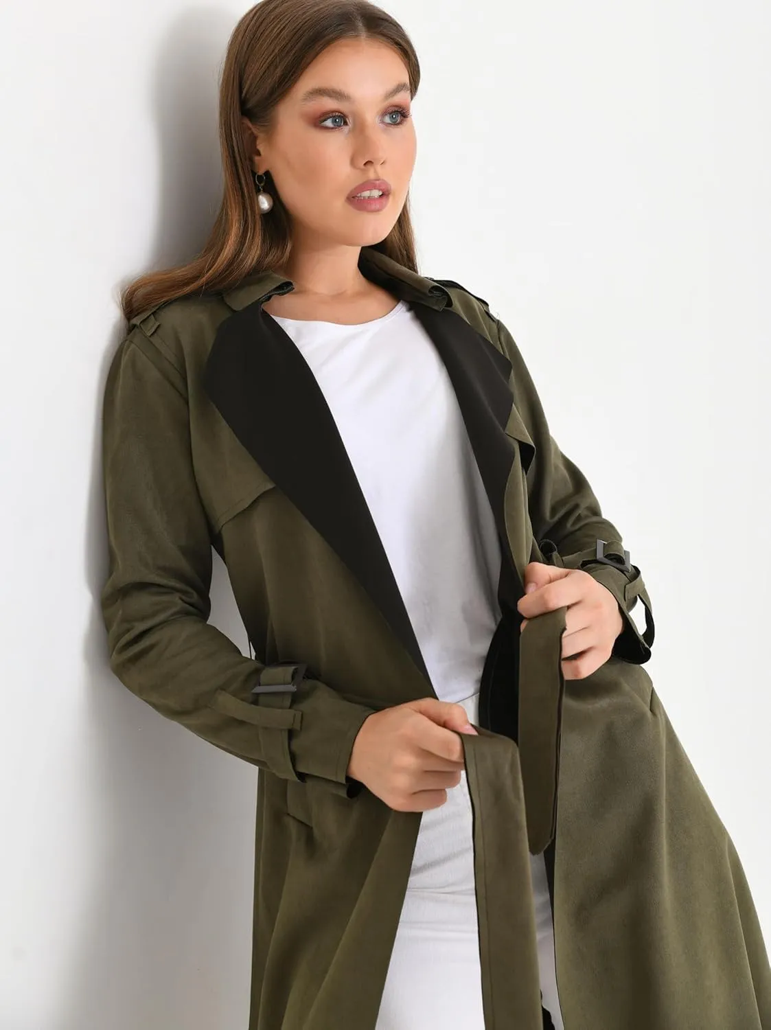 Women's Faux Suede Long Trench Coat Notched Collar Double Breasted Belted Jacket