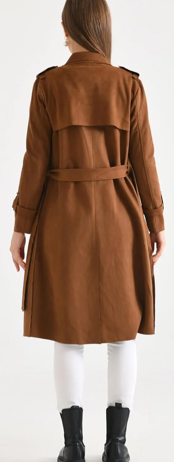 Women's Faux Suede Long Trench Coat Notched Collar Double Breasted Belted Jacket
