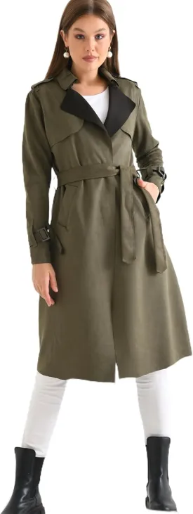 Women's Faux Suede Long Trench Coat Notched Collar Double Breasted Belted Jacket
