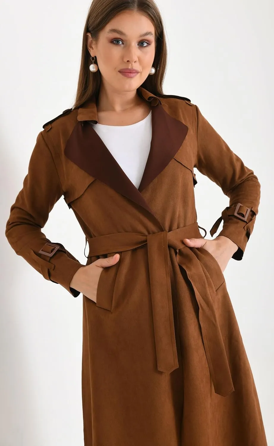 Women's Faux Suede Long Trench Coat Notched Collar Double Breasted Belted Jacket