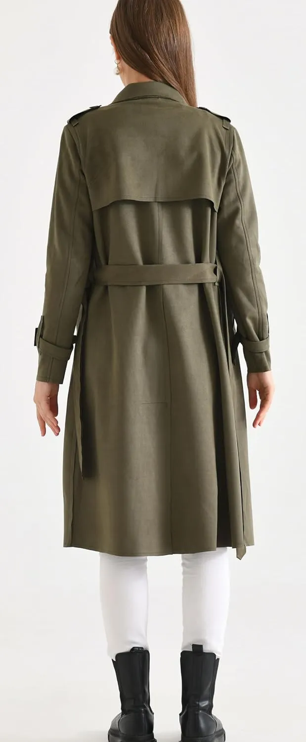 Women's Faux Suede Long Trench Coat Notched Collar Double Breasted Belted Jacket