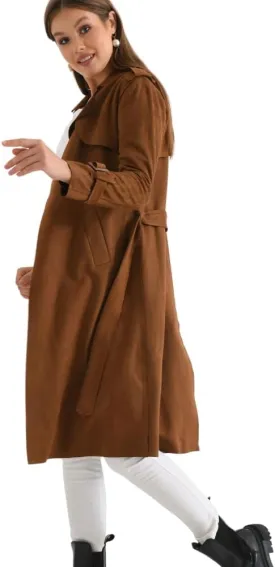 Women's Faux Suede Long Trench Coat Notched Collar Double Breasted Belted Jacket