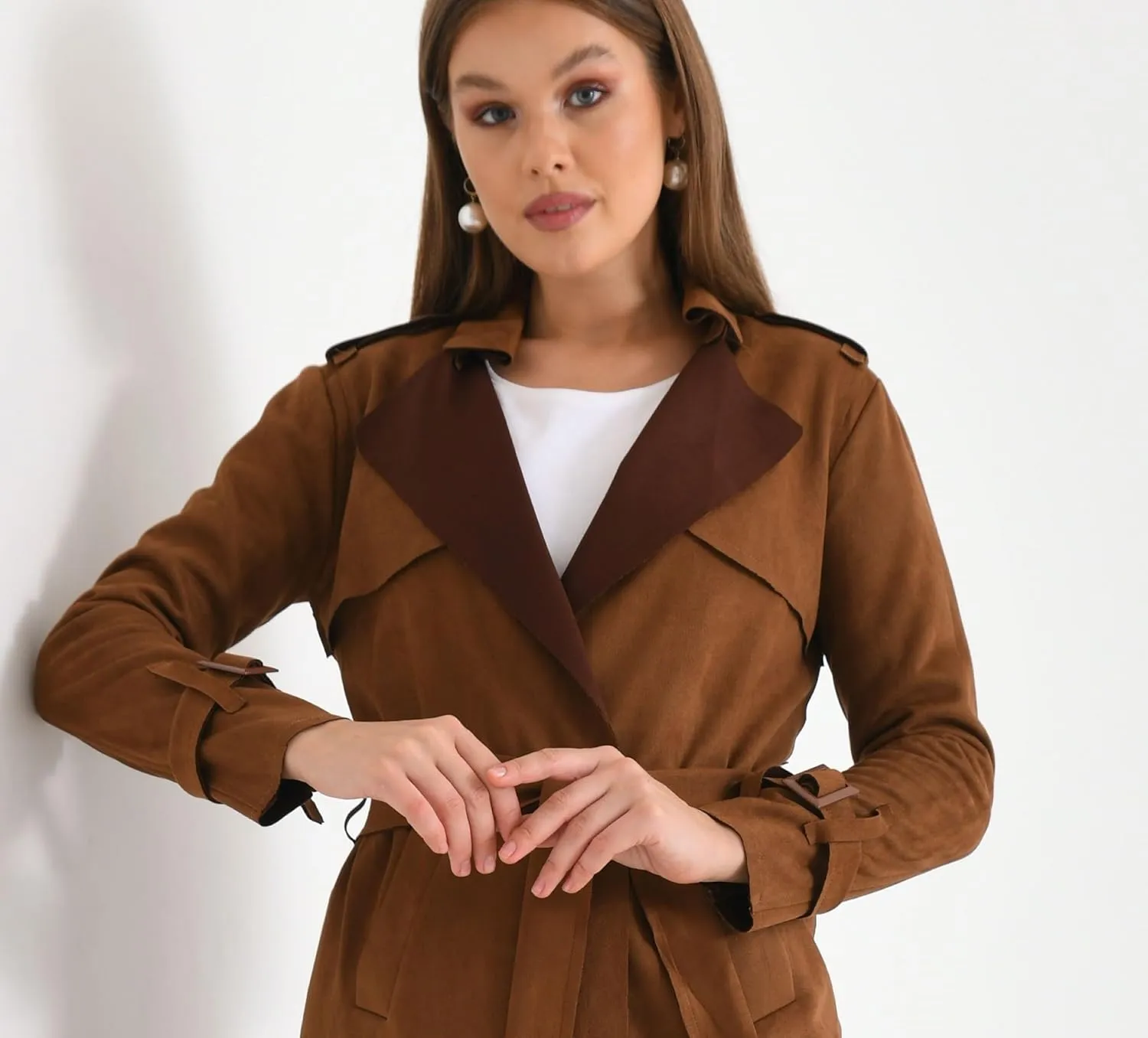 Women's Faux Suede Long Trench Coat Notched Collar Double Breasted Belted Jacket