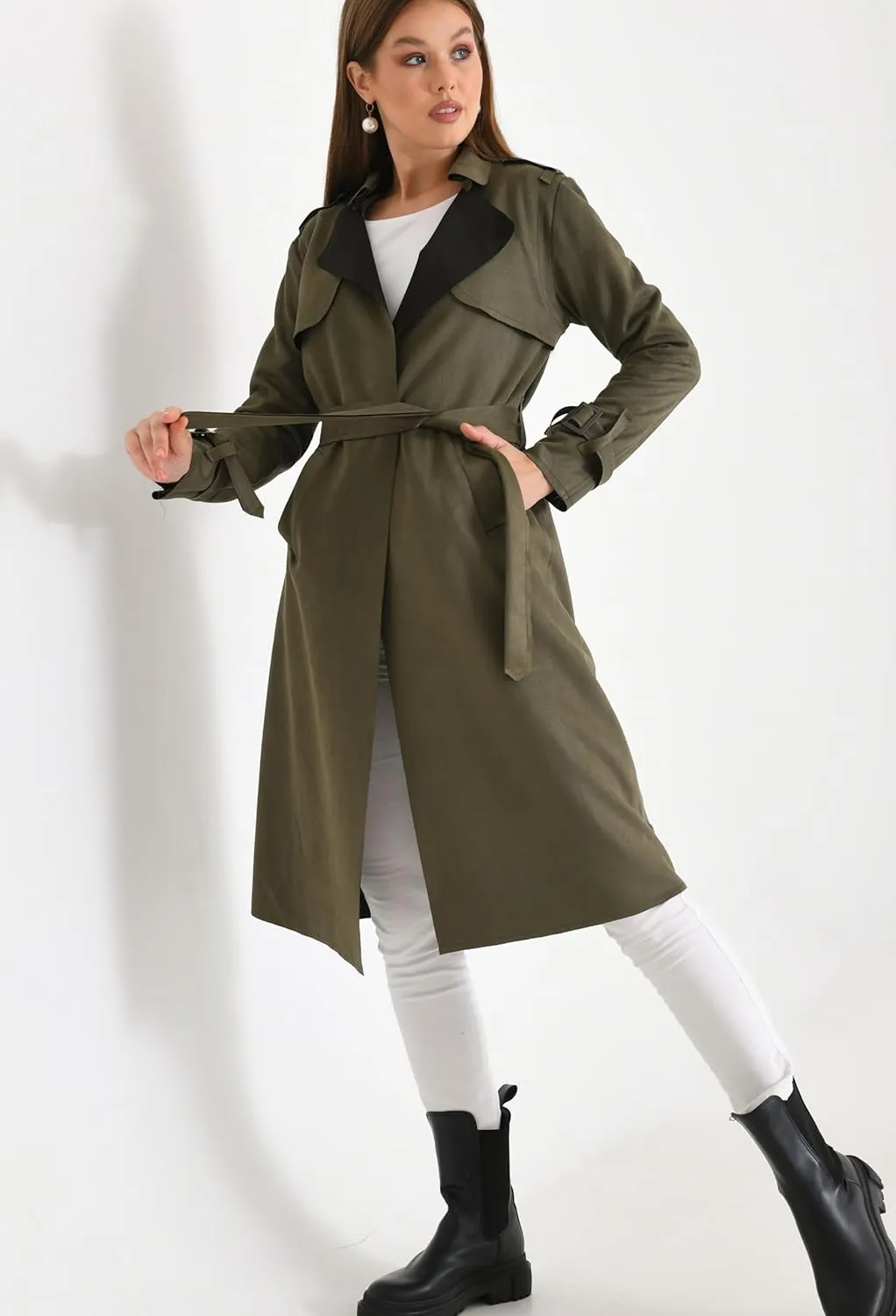 Women's Faux Suede Long Trench Coat Notched Collar Double Breasted Belted Jacket