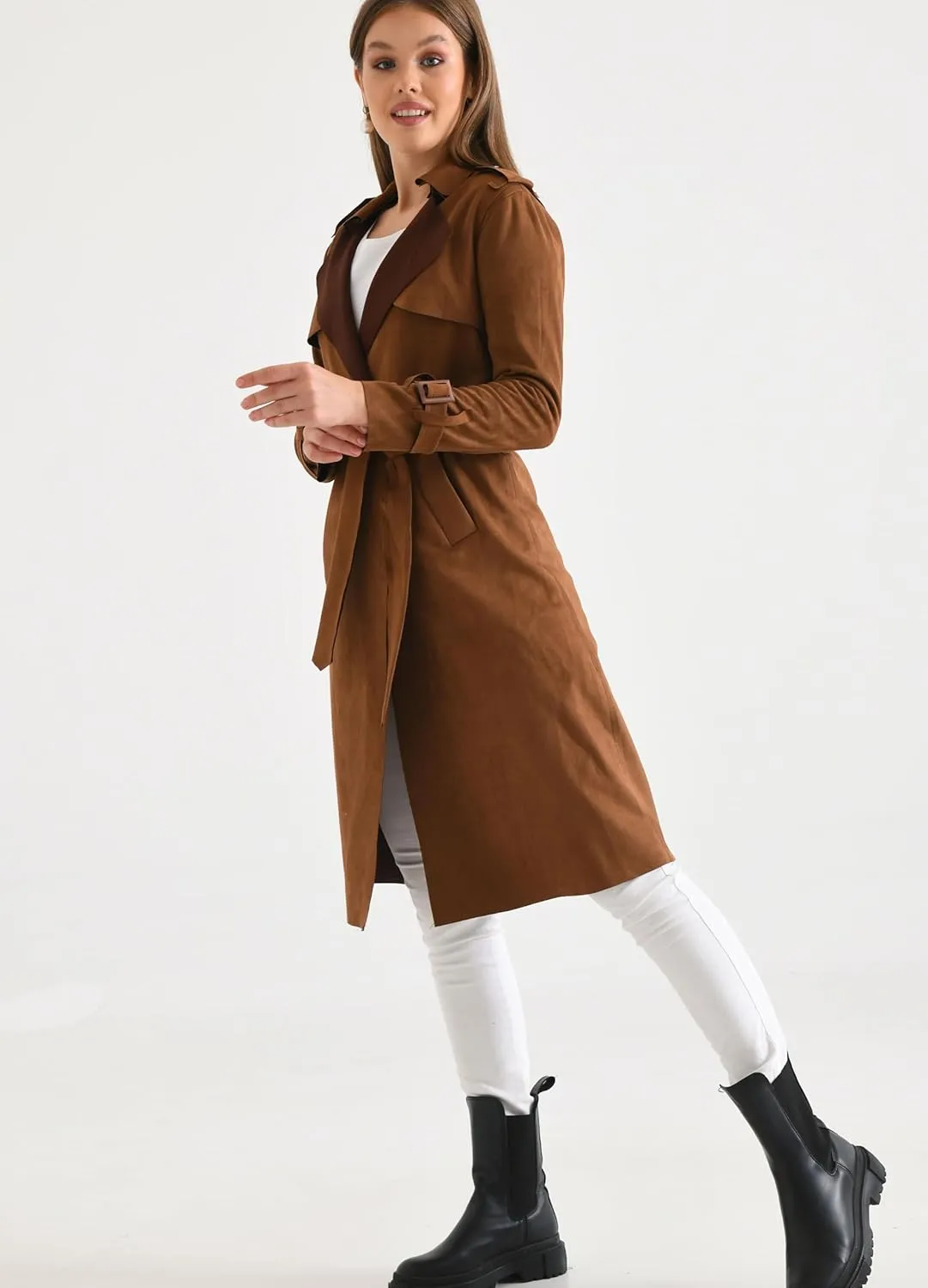 Women's Faux Suede Long Trench Coat Notched Collar Double Breasted Belted Jacket