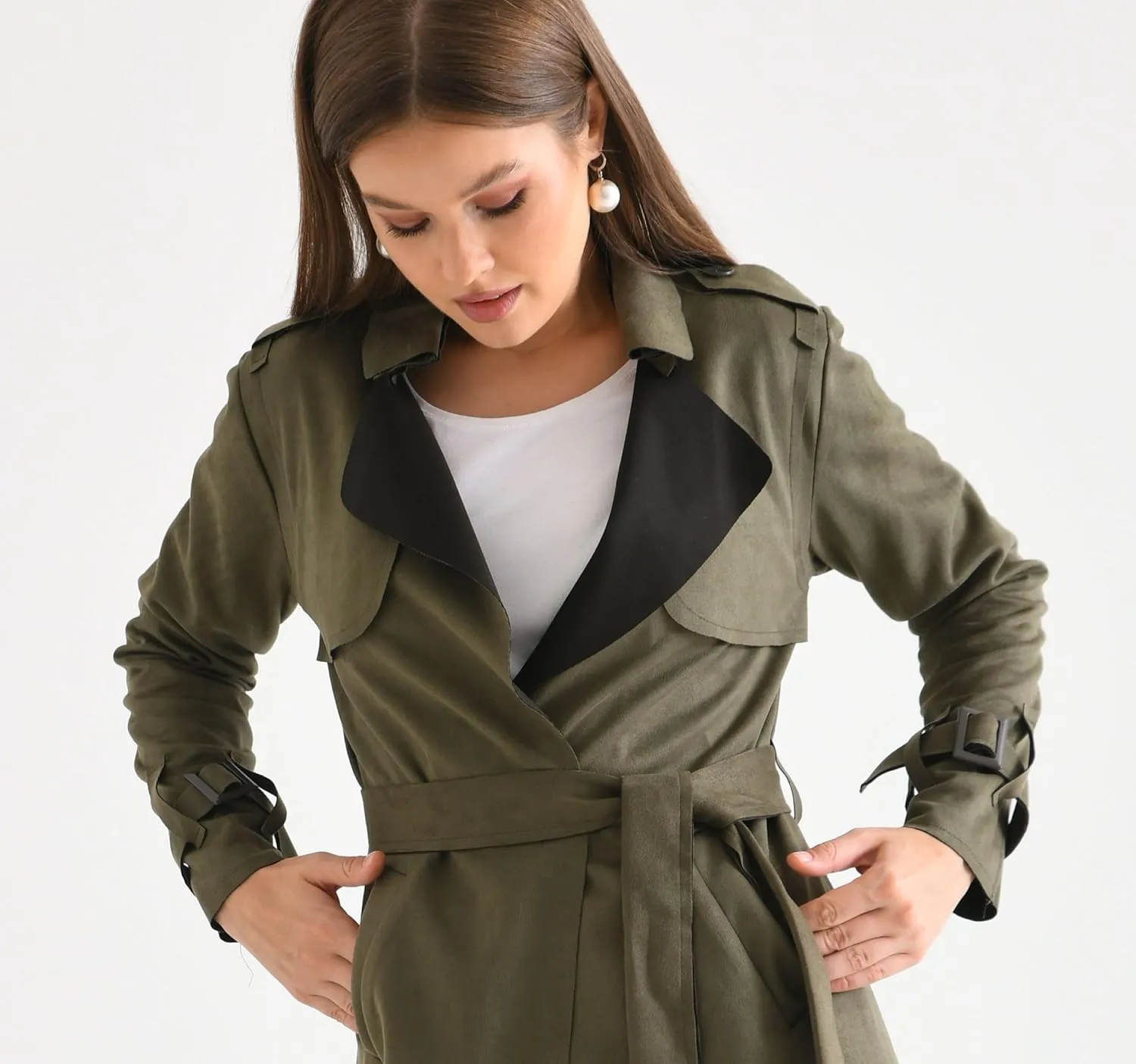 Women's Faux Suede Long Trench Coat Notched Collar Double Breasted Belted Jacket