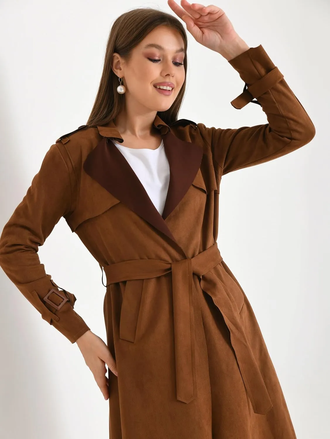 Women's Faux Suede Long Trench Coat Notched Collar Double Breasted Belted Jacket