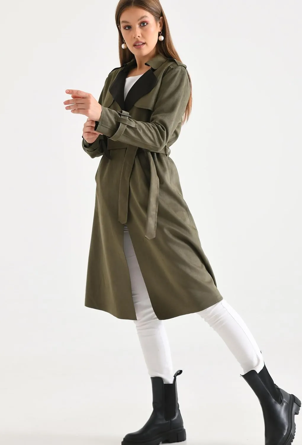 Women's Faux Suede Long Trench Coat Notched Collar Double Breasted Belted Jacket