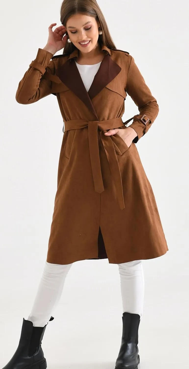Women's Faux Suede Long Trench Coat Notched Collar Double Breasted Belted Jacket