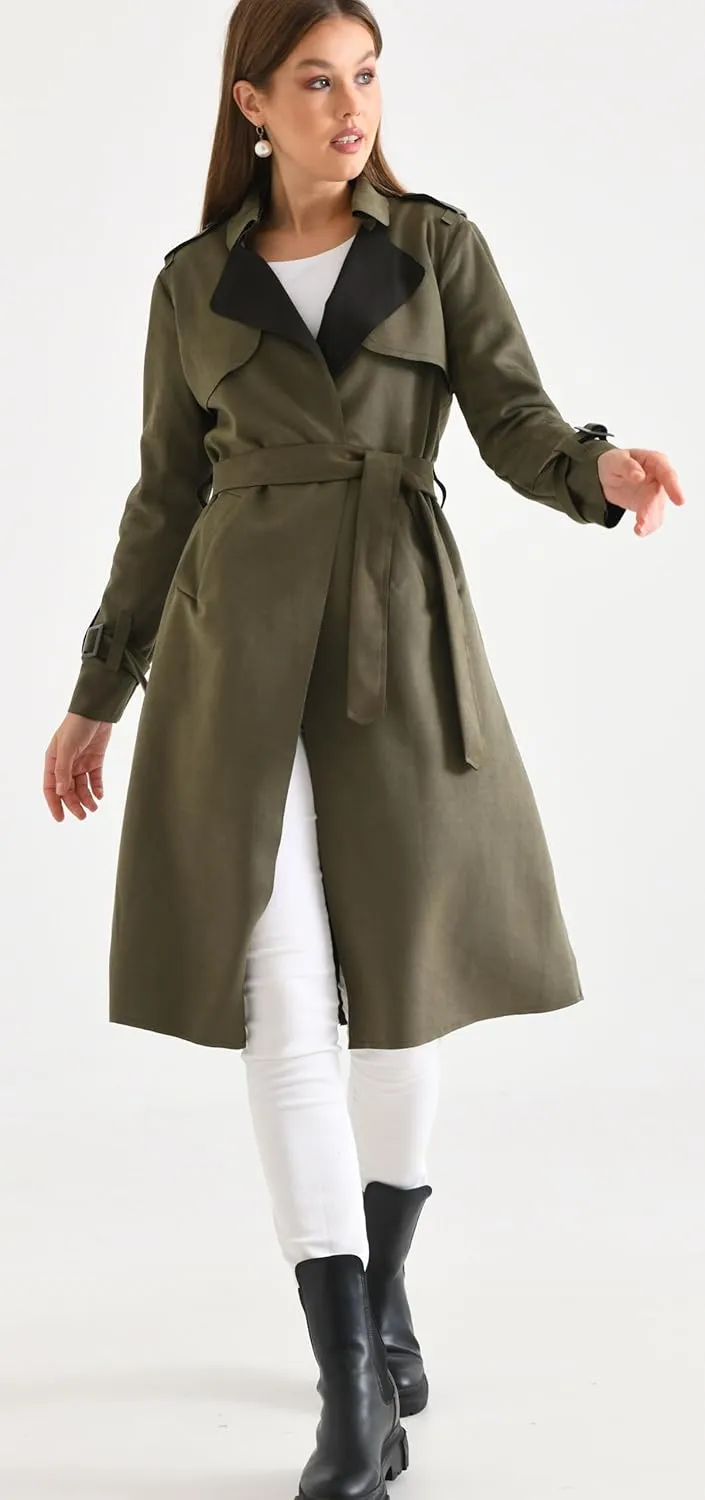 Women's Faux Suede Long Trench Coat Notched Collar Double Breasted Belted Jacket