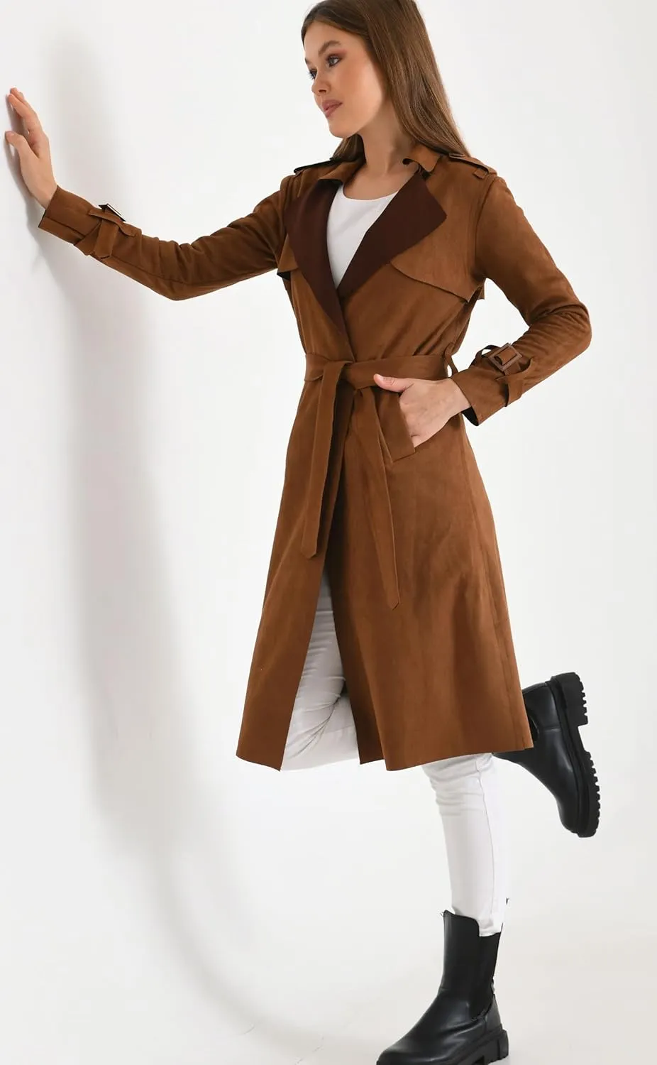 Women's Faux Suede Long Trench Coat Notched Collar Double Breasted Belted Jacket