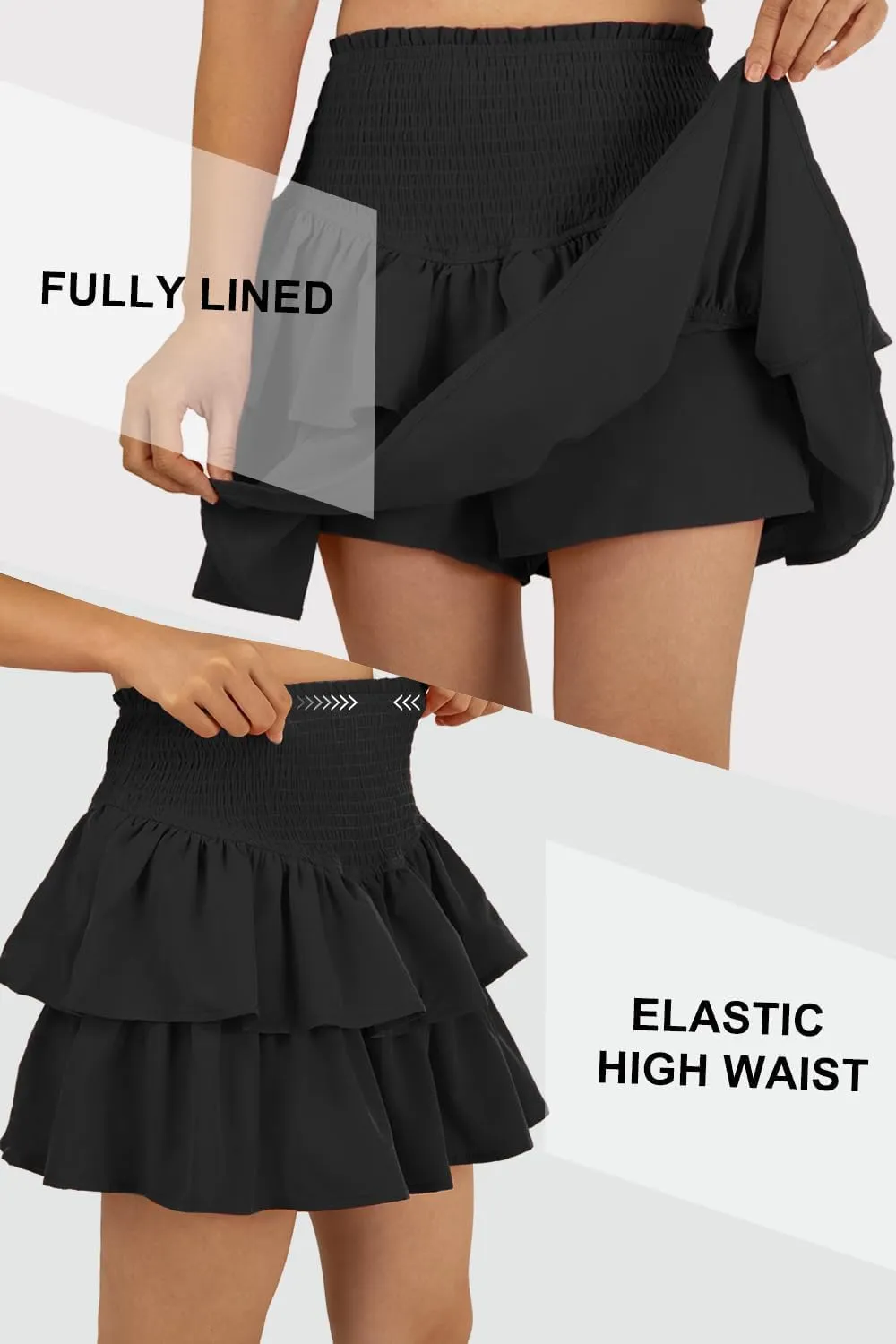 Women's High Waist Ruffle Mini Skirt Cute Tiered Short Skirt with Shorts Underneath
