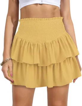 Women's High Waist Ruffle Mini Skirt Cute Tiered Short Skirt with Shorts Underneath