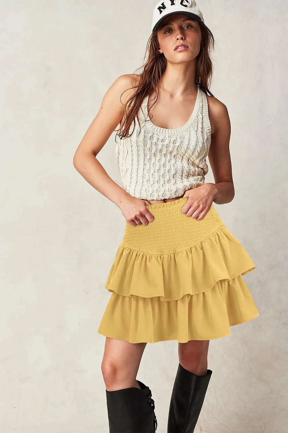 Women's High Waist Ruffle Mini Skirt Cute Tiered Short Skirt with Shorts Underneath