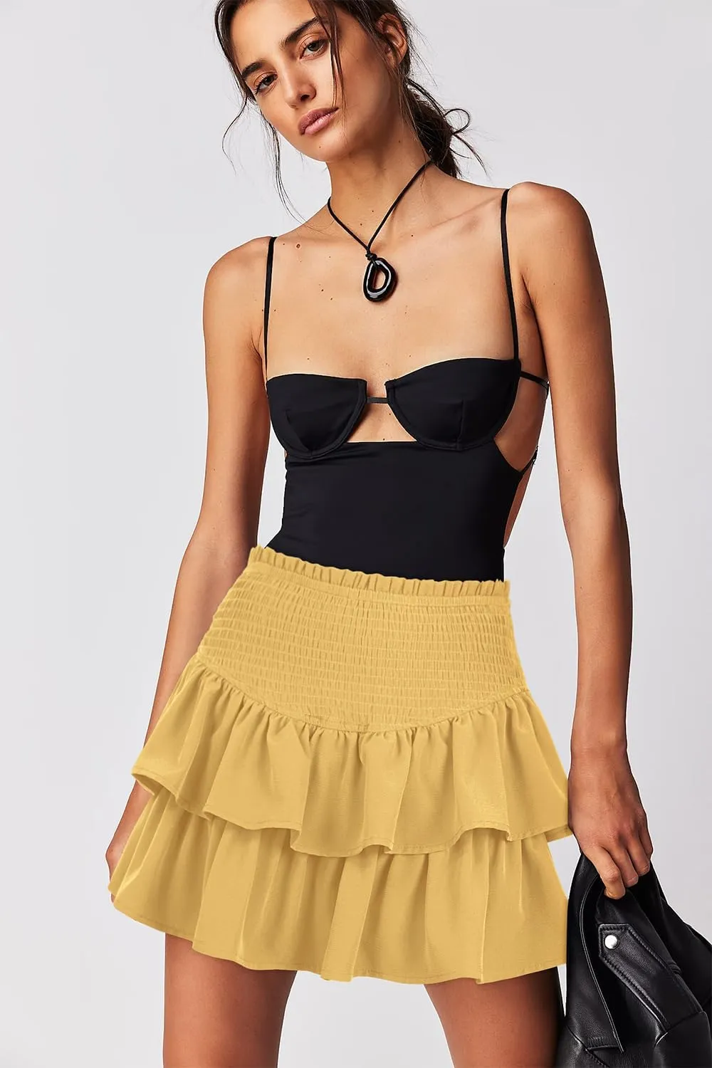 Women's High Waist Ruffle Mini Skirt Cute Tiered Short Skirt with Shorts Underneath