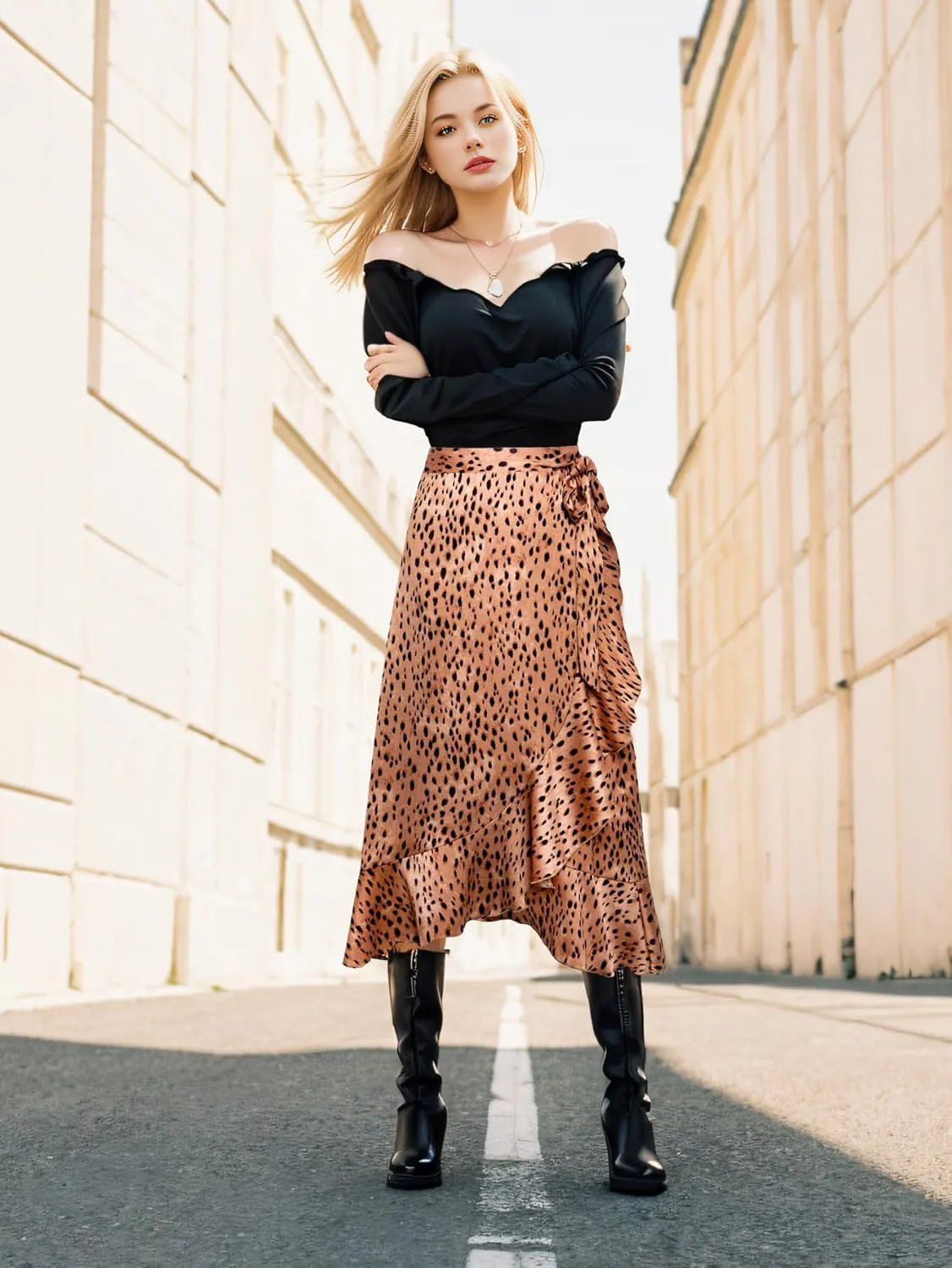 Women's Satin Wrap Skirt Adjustable Tie Ruffle Hem Flowy High Low Trendy Midi Skirt