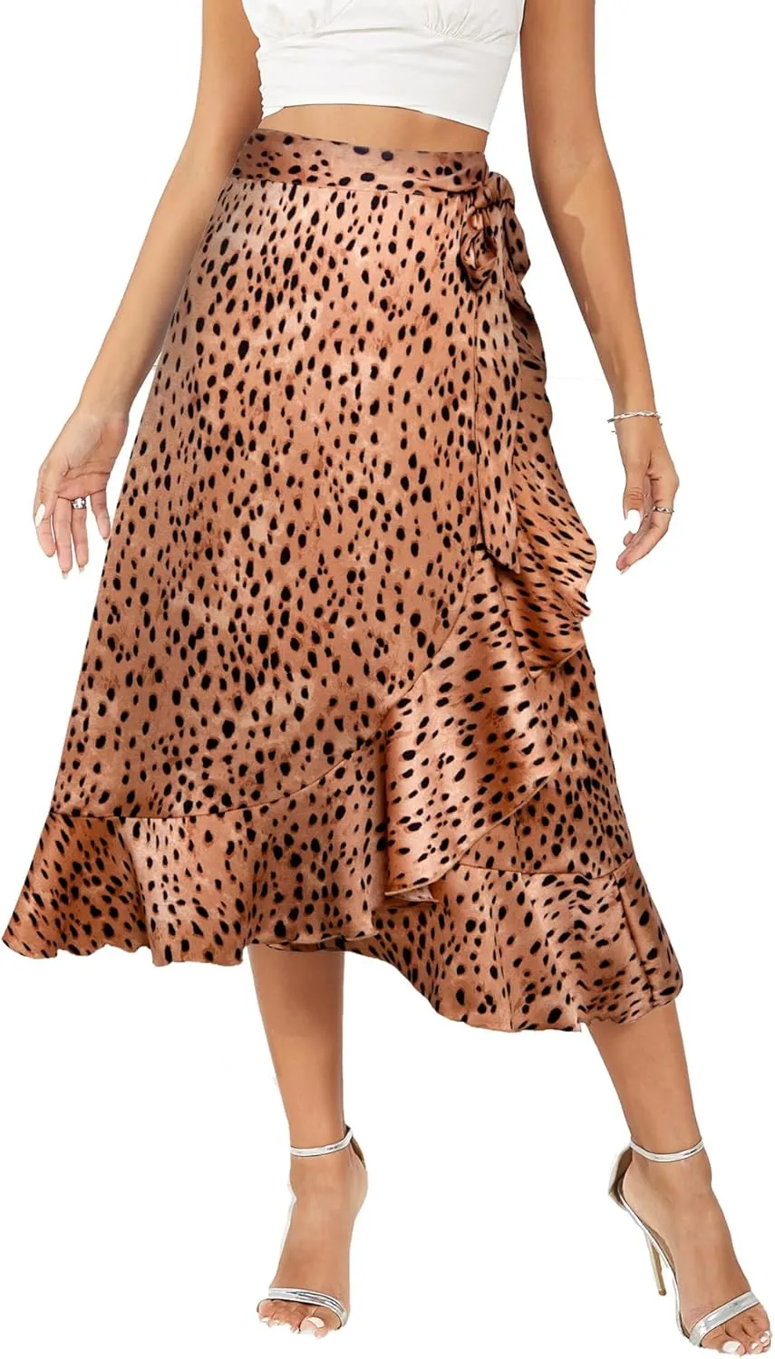 Women's Satin Wrap Skirt Adjustable Tie Ruffle Hem Flowy High Low Trendy Midi Skirt