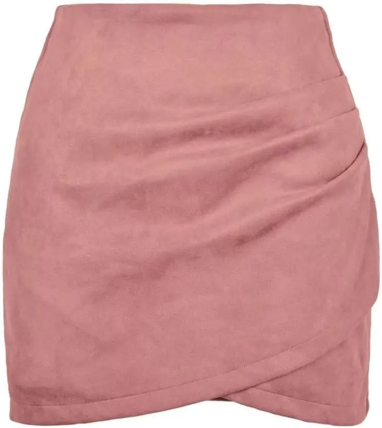 Womens Skirt Ruched Wrap High Waist Faux Suede Skirt Zipper Back Above Knee A Line Bodycon Mini Skirt Basic Skirt